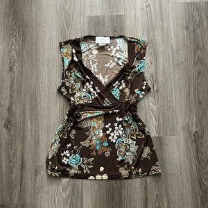 Vintage Made in Canada Chic Floral Wrap Blouse - Brown and Blue